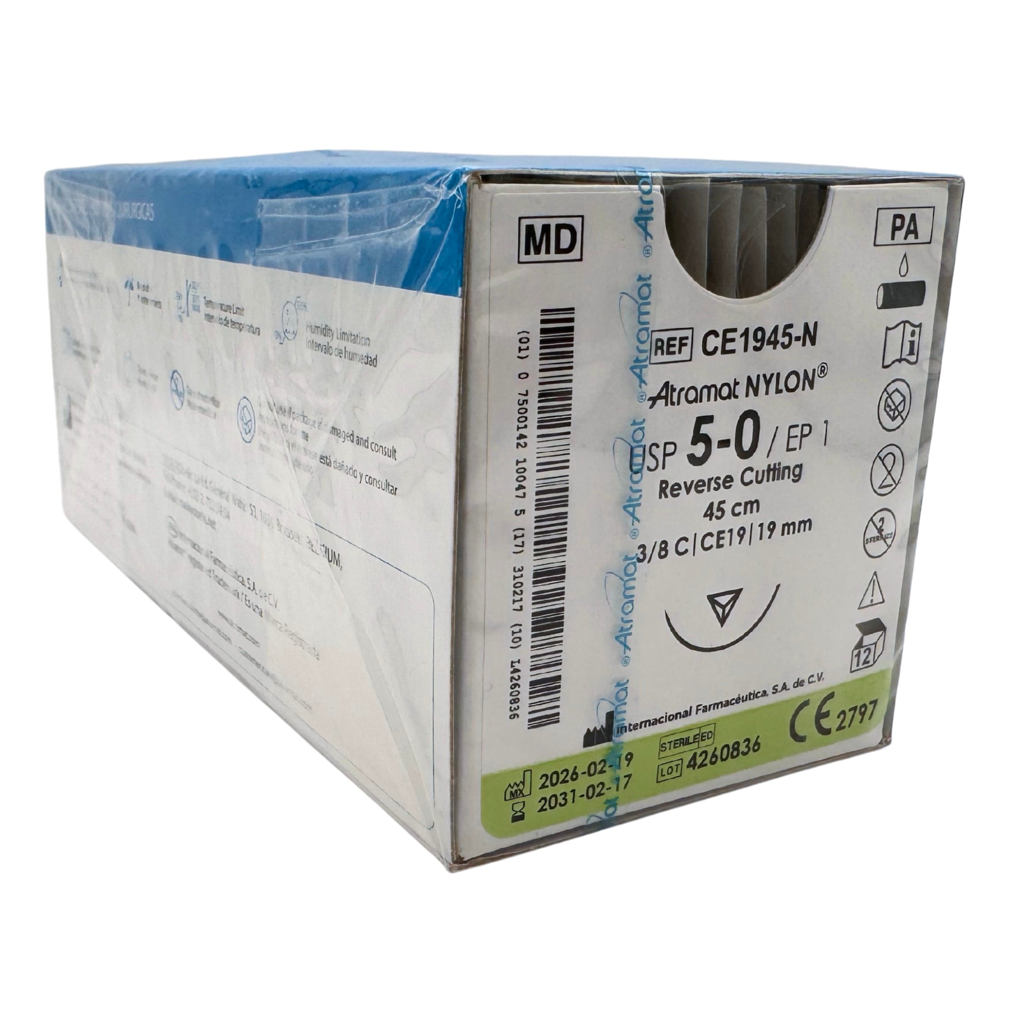 Nylon 5-0 Aguja Cortante de 19 mm Hebra 45 Marca Atramat CE1945-N Linea Convencional Caja con 12 Piezas