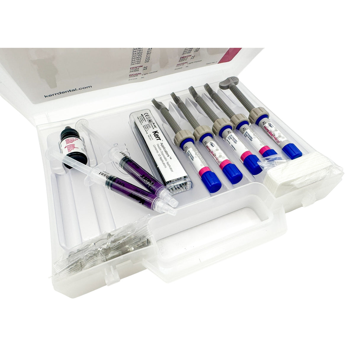 Kit Resina Herculite (5 jer. 4gr A1E A3E A2D (2)A2E 2 Jer A.G de 3gr c/u; 1 OptiBond S 6 ml 20 puntos dispensadoras 25 recipientes mezclado 50 aplicadores para adhesivo)