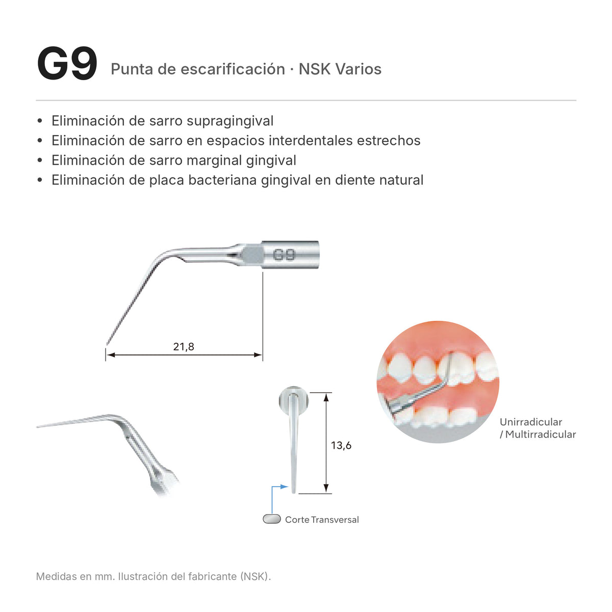 Punta G9 NSK Varios: forma, medidas y uso (ilustración del fabricante)