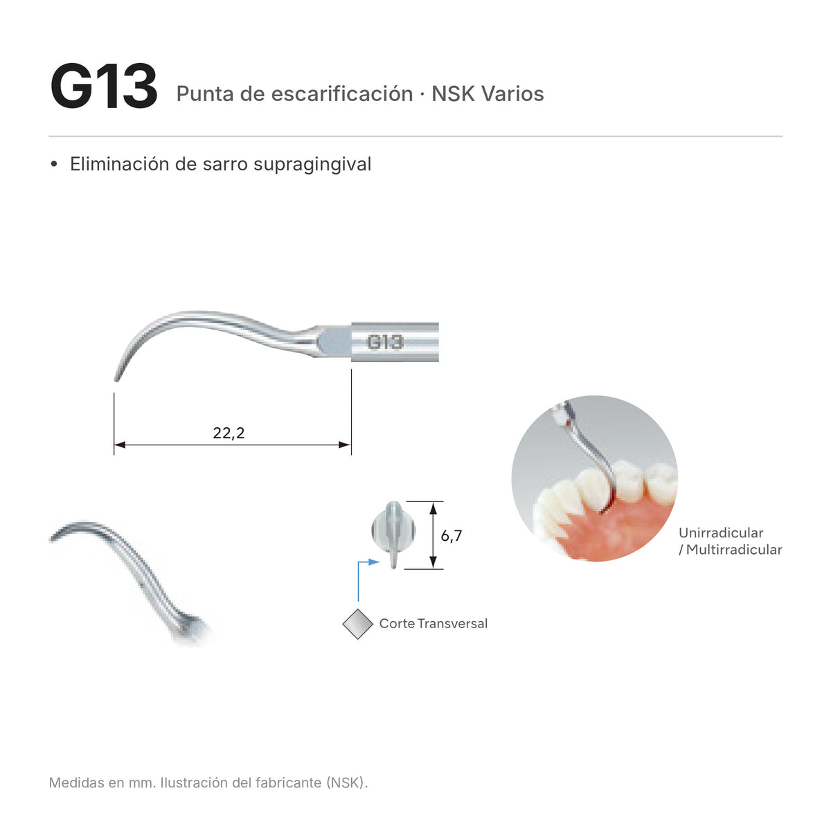 Punta G13 NSK Varios: forma, medidas y uso (ilustración del fabricante)