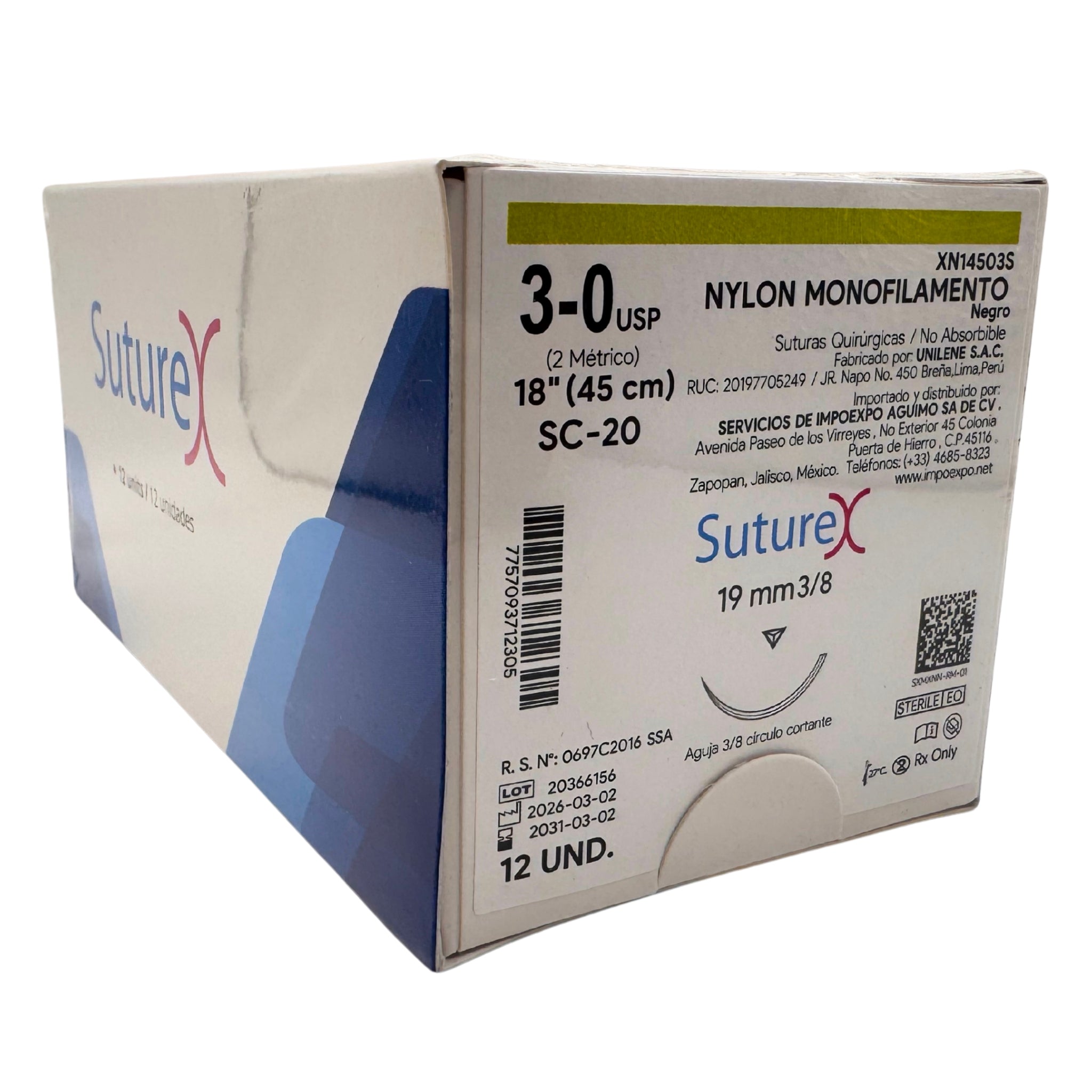 Nylon 3-0 aguja 3/8 circulo, reverso cortante 19 MM Hebra longitud 45 cm Color Negro Suturex Caja con 12 pzas