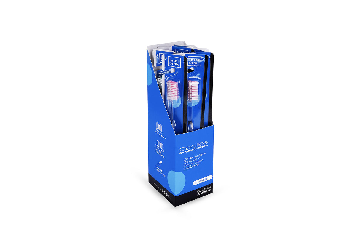 Cepillo dental ortodontico con cerda media caja c/12 piezas
