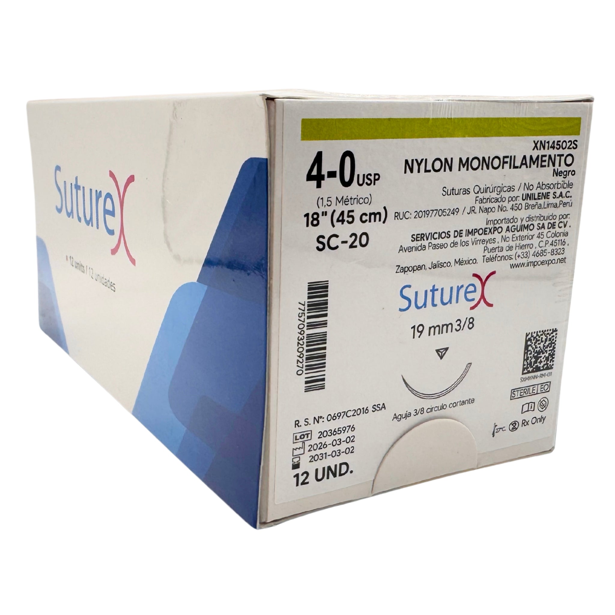 Nylon 4-0 aguja 3/8 circulo cortante de 19 mm Hebra longitud 45 cm Color Negro Marca Suturex Caja con 12 pzas