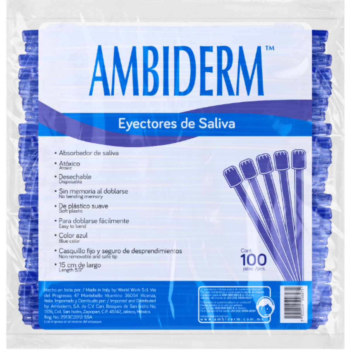 Eyectores de saliva azul ambiderm 15 cms bolsa c/100 pzas