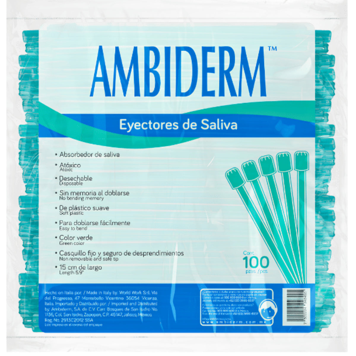 Eyectores de saliva verde ambiderm 15 cms bolsa c/100 pzas