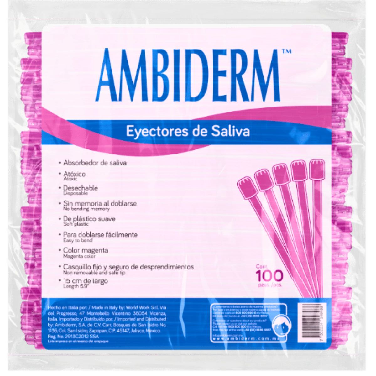 Eyectores de saliva magenta ambiderm 15 cms bolsa c/100 pzas