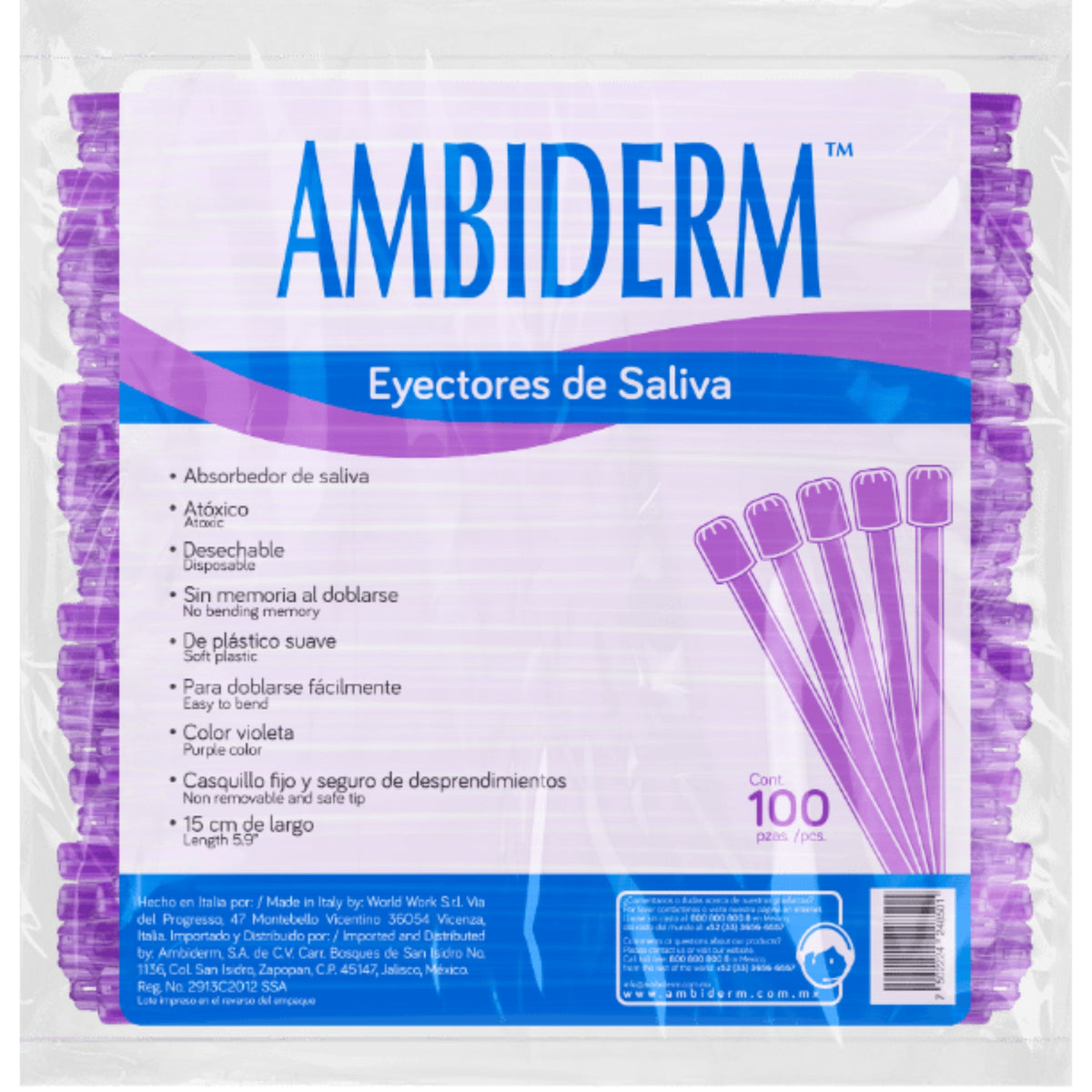 Eyectores de saliva violeta ambiderm 15 cms bolsa c/100 pzas