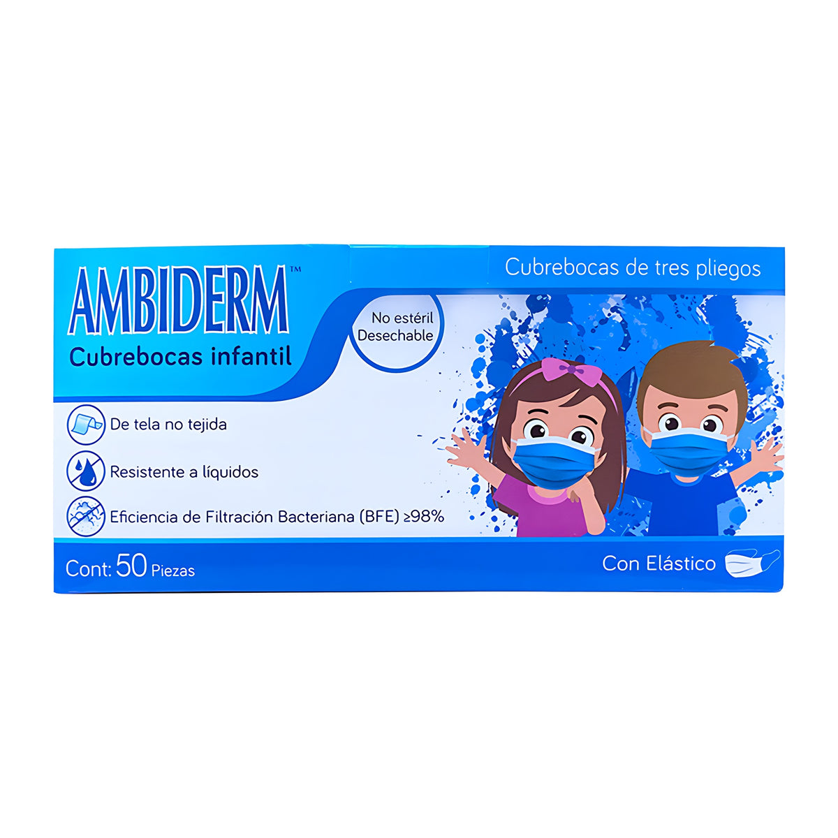 Cubrebocas Ambiderm 3 pliegos infantil azul
