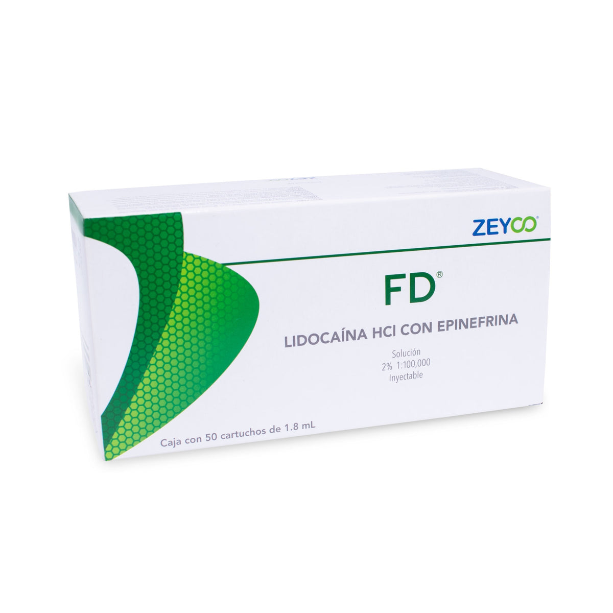 FD Zeyco lidocaína 2% con epinefrina 1:100,000, caja con 50 cartuchos de 1.8 mL