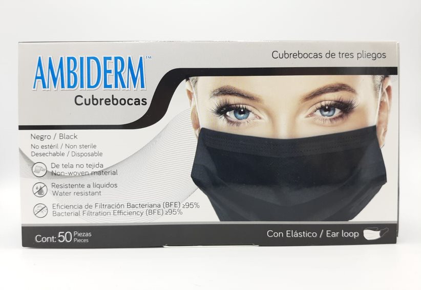 Cubrebocas de 3 pliegos c/elástico negro caja c/50 pzas