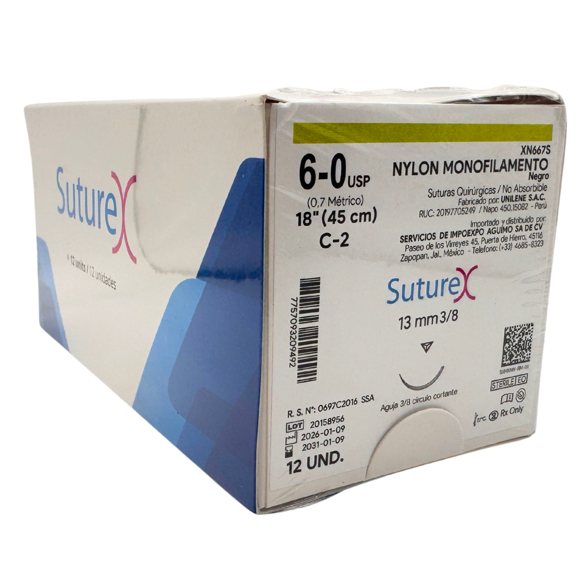 Nylon 6-0 aguja 3/8 circulo cortante de 13 mm Hebra longitud 45 cm Color Negro Marca Suturex Caja con 12 pzas