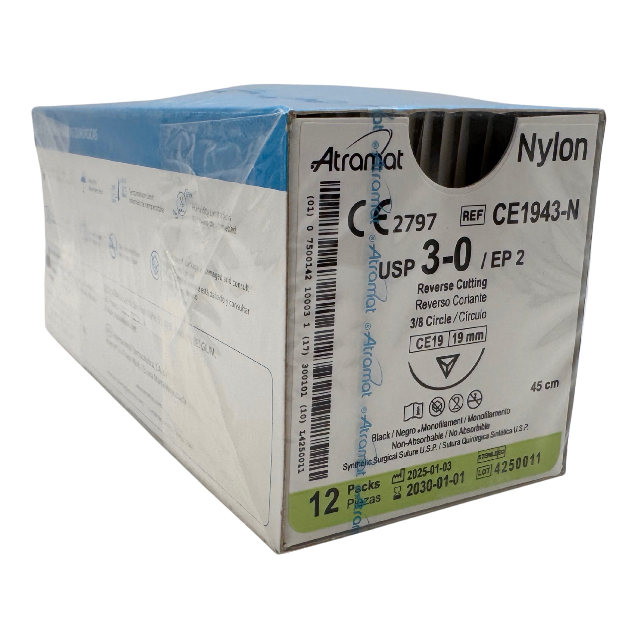 Nylon 3-0 Aguja Cortante de 19 mm Hebra 45 Marca Atramat CE1943-N Linea Convencional Caja con 12 Piezas