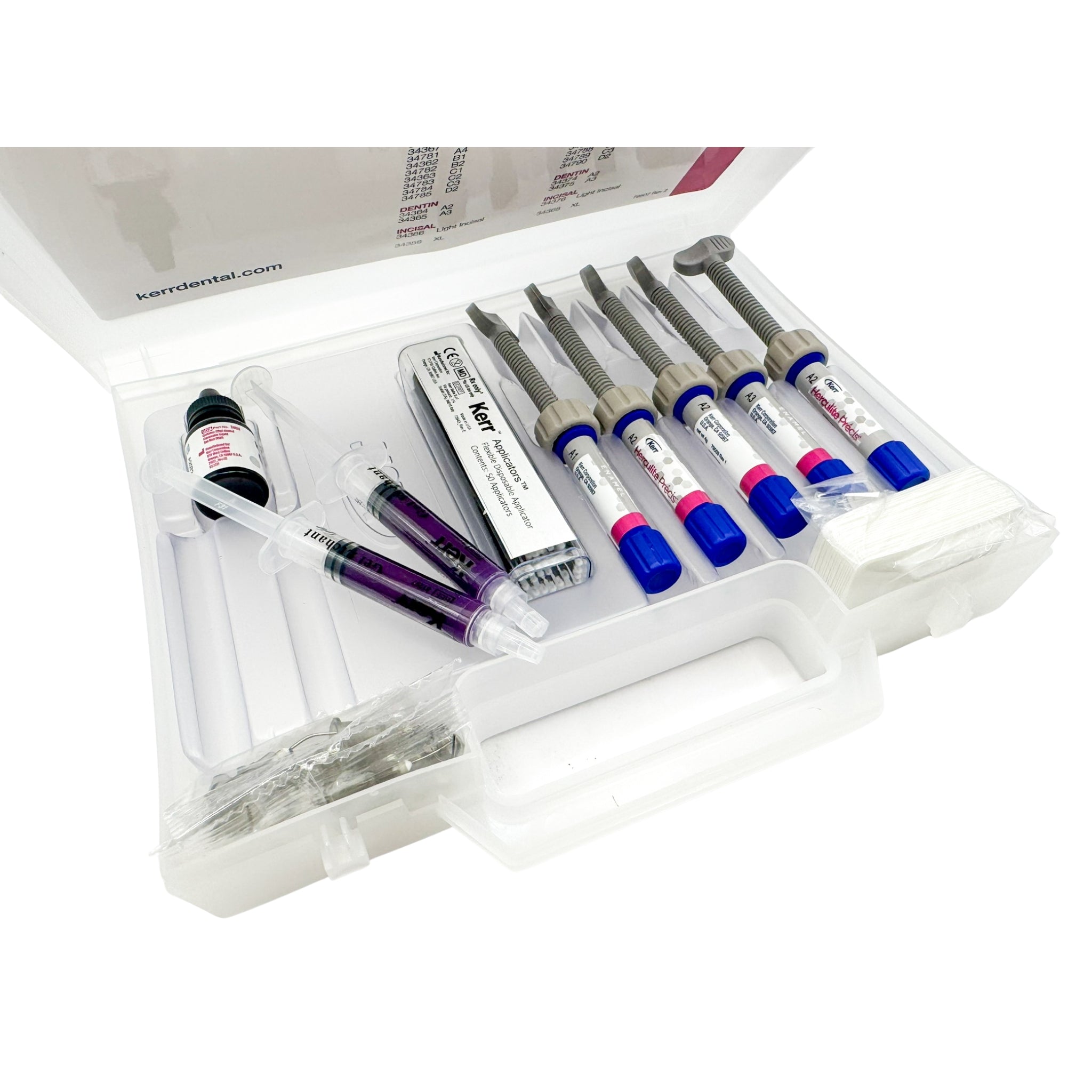 Kit Resina Herculite (5 jer. 4gr A1E A3E A2D (2)A2E 2 Jer A.G de 3gr c/u; 1 OptiBond S 6 ml 20 puntos dispensadoras 25 recipientes mezclado 50 aplicadores para adhesivo)