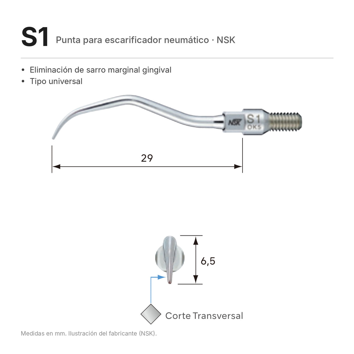 Punta S1 NSK para escarificador neumático: forma y medidas (ilustración del fabricante)