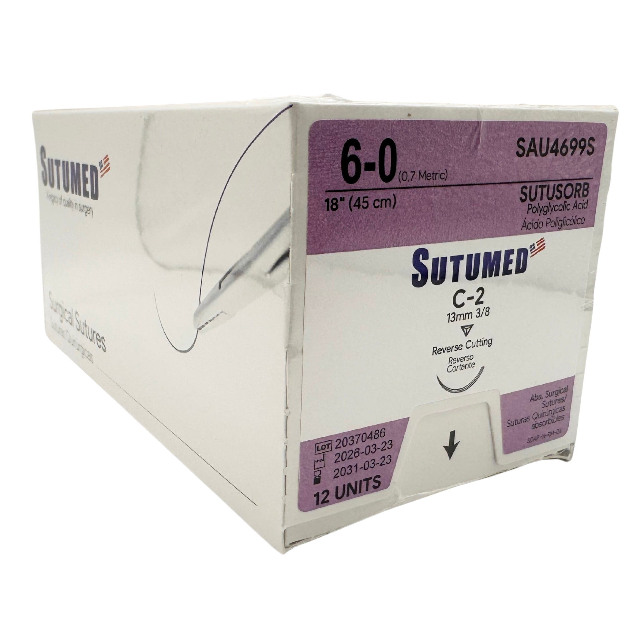 Acido Poliglicolico PGA 6-0 Aguja Circulo Reverso Cortante de 13 mm Hebra 75 cm Violeta Sutumed SAU4699S Caja con 12 piezas