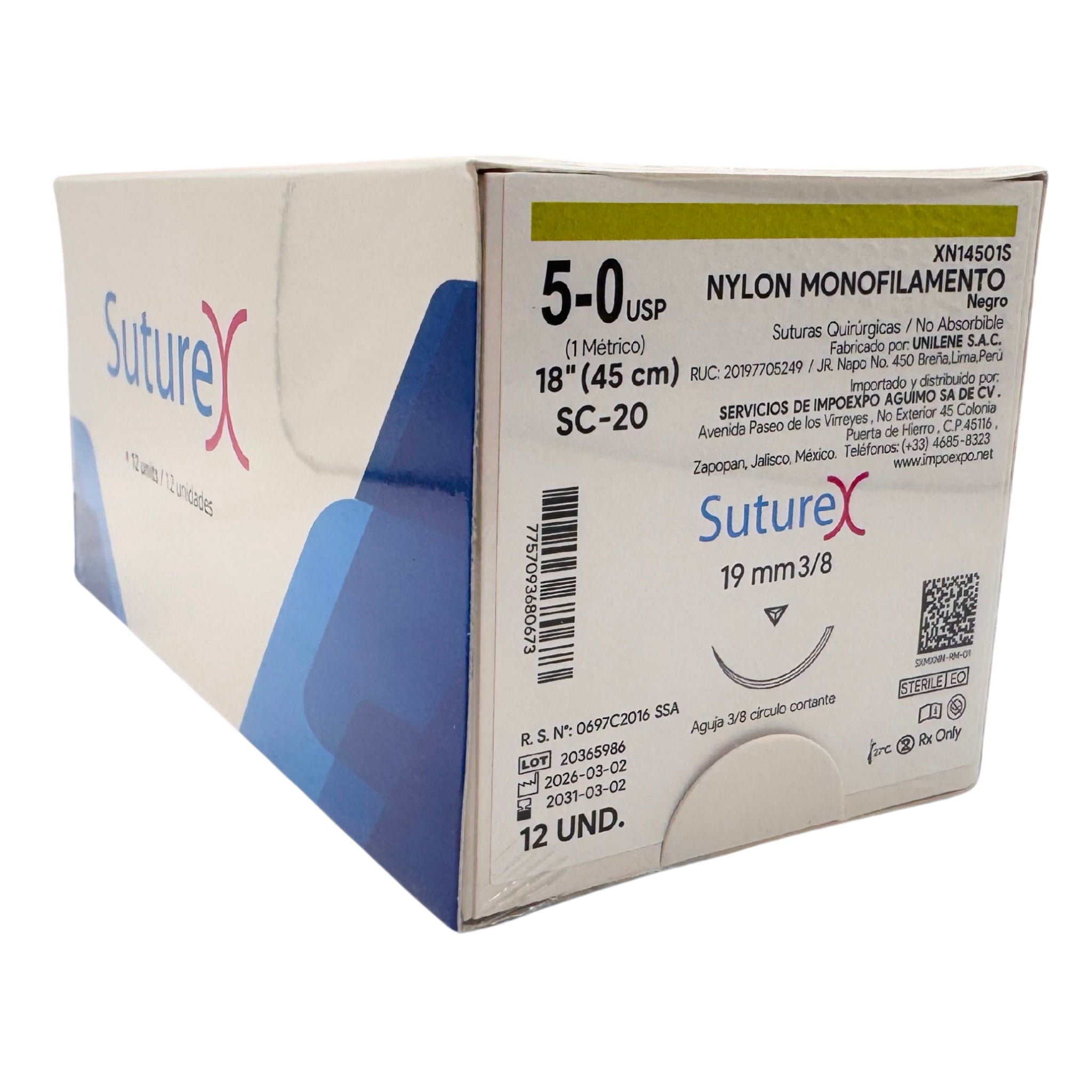 Nylon 5-0 aguja 3/8 circulo, reverso cortante 19 MM Hebra longitud 45 cm Color Negro Suturex Caja con 12 pzas