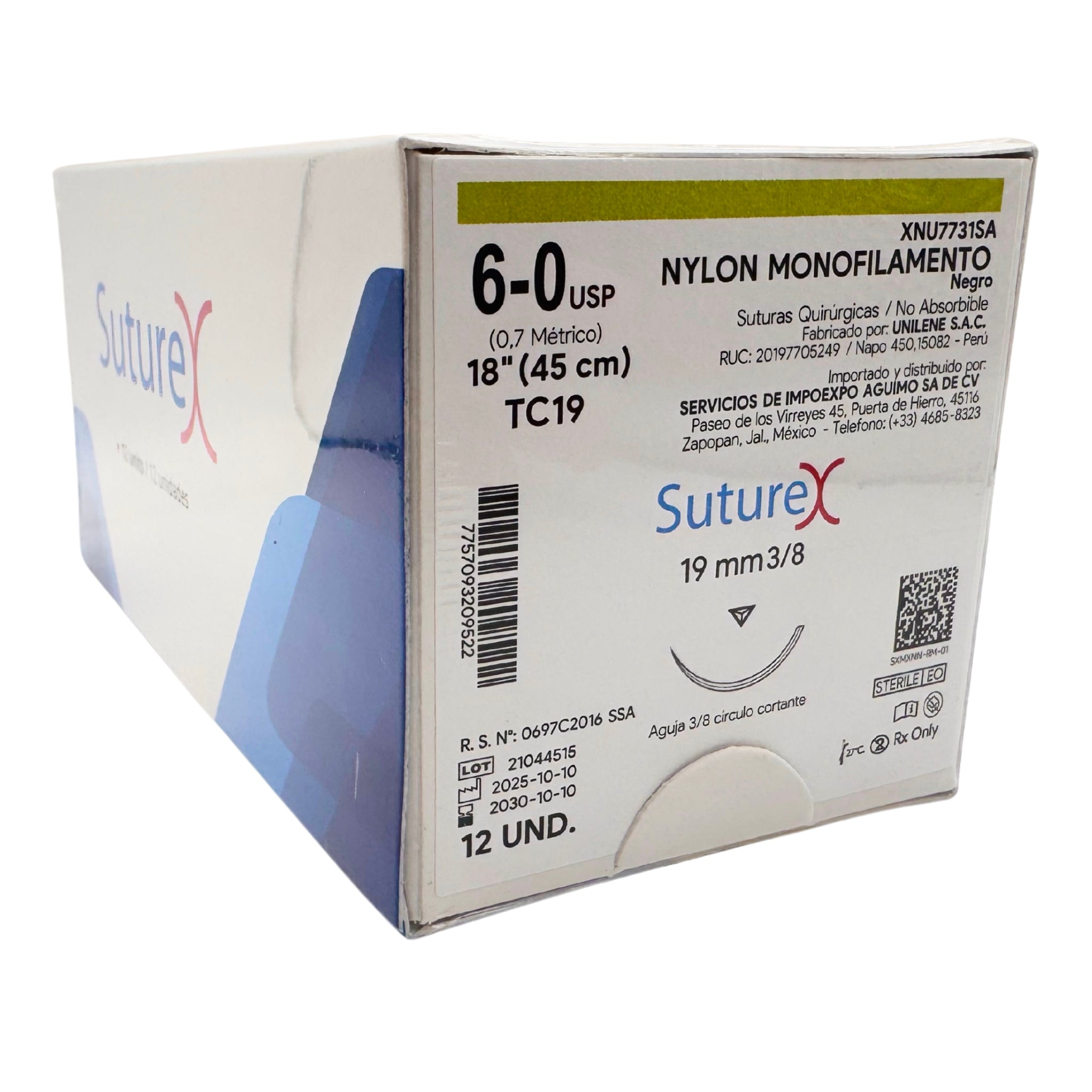 Nylon 6-0 aguja 3/8 circulo, reverso cortante 19 mm Hebra longitud 45 cm Color Negro Suturex Caja con 12 pzas