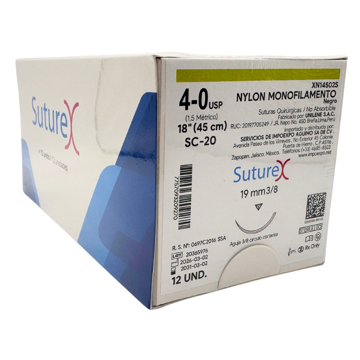 Sutura nylon negro Suturex aguja 3/8 19 mm caja c/12